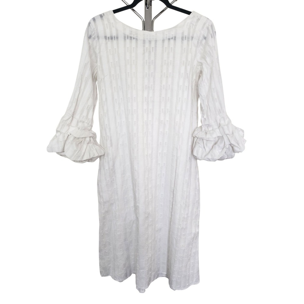 eKOS HC Abuja White Textured Ruffle Bell Sleeve Shift Dress Pockets Chic Wedding